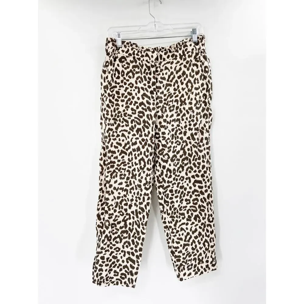 J. Crew Linen Blend Leopard Animal‎ Print Ruffled Paperbag Waist Crop Pants Sz 8